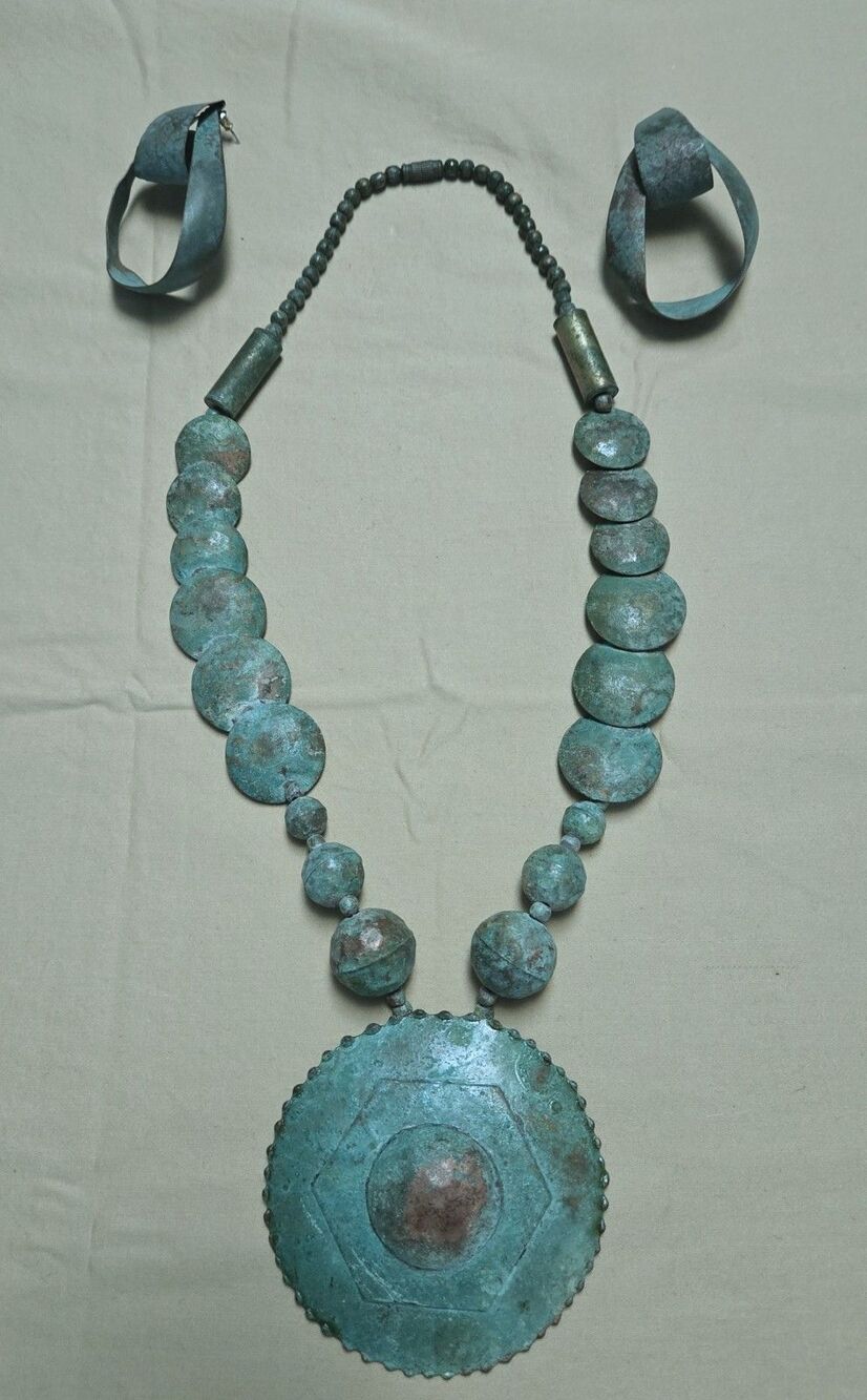 Artisan Copper Verdigris Medallion Necklace & Earrings Vtg Statement Jewelry Set